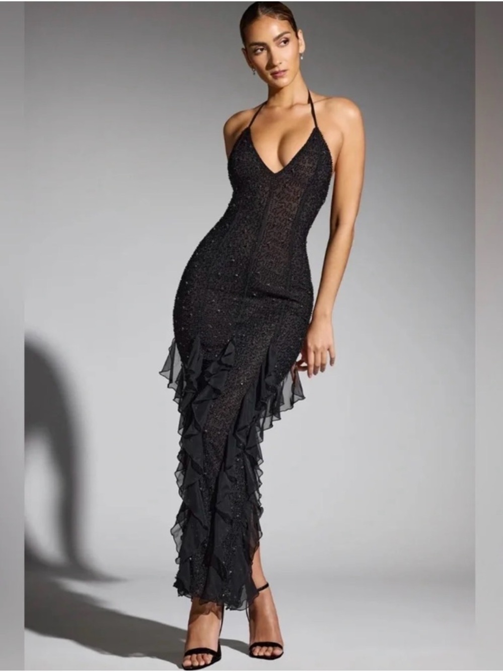 Oh Polly Anley Embellished Halter Neck Ruffle Maxi Dress